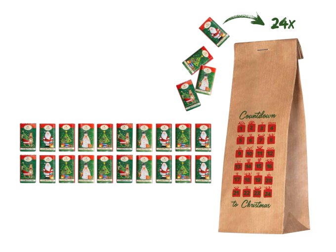 Eine Tüte mit 24 Mini-Schokoladentäfelchen in verschiedenen Motiven für die festliche Zeit.