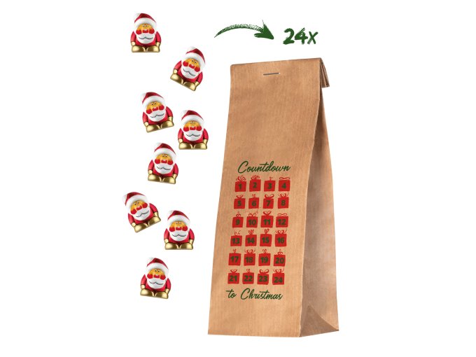 Eine Tüte mit 24 Mini-Schokoladentäfelchen in verschiedenen Motiven für die festliche Zeit.