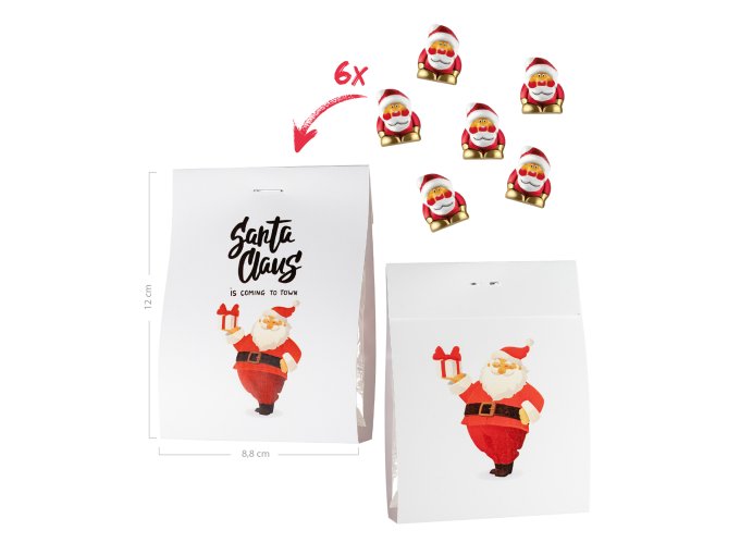 Ein bunter Beutel mit einem fröhlichen Weihnachtsmann und leckeren Schoko-Mini-Weihnachtsmännern drin.