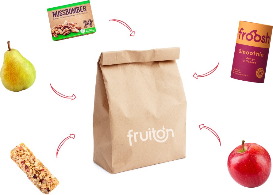 Obsttüte mit einer bunten Mischung aus Früchten, Nüssen und Smoothie, perfekt für einen gesunden Snack unterwegs.