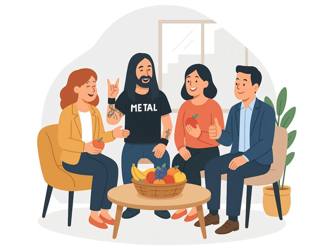 Illustration: Vier Kollegen sitzen um einen Obstkorb, lachen und unterhalten sich – frisches Obst als Stimmungsaufheller im Büro