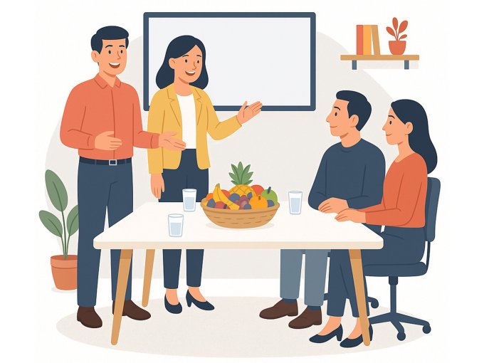 Illustration: Team im Besprechungsraum mit Obstkorb auf dem Tisch – gesunde Ernährung unterstützt ein professionelles Auftreten im Büro