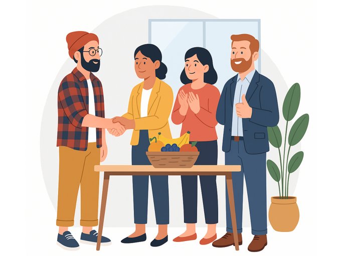 Illustration: Teammitglieder stehen um einen Obstkorb, geben sich die Hand und zeigen Zustimmung – Obst als Zeichen von Wertschätzung im Büro