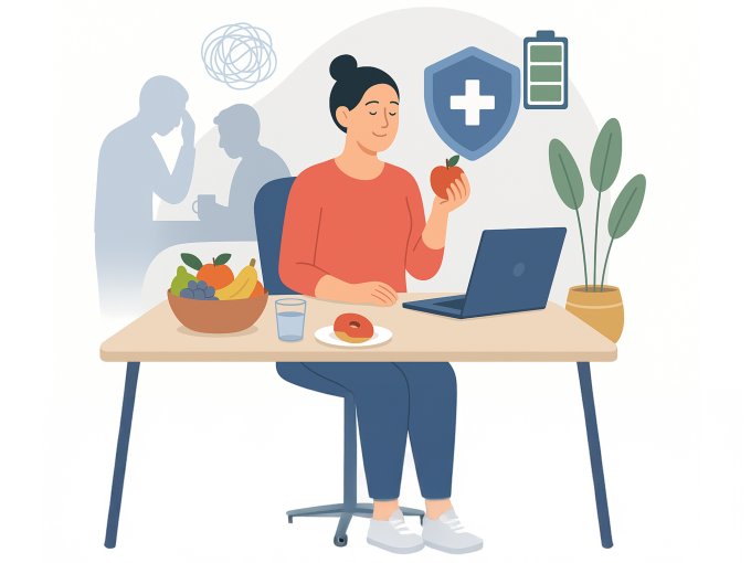 Illustration: Frau im Büro isst einen Apfel neben einem Obstkorb – Vitamine und Nährstoffe aus Obst unterstützen das Immunsystem