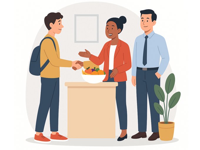 Illustration: Arbeitgeber begrüßt neuen Mitarbeitenden mit Obstkorb – frisches Obst als Benefit stärkt die Arbeitgeberattraktivität