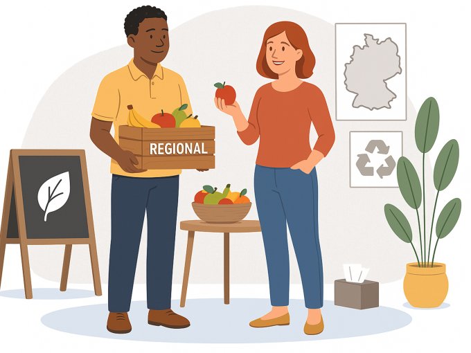 Illustration: Mann überreicht Kiste mit regionalem Obst – Symbol für Nachhaltigkeit und verantwortungsbewusstes Handeln im Unternehmen