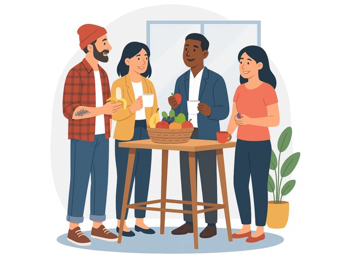 Illustration: Vier Kolleginnen und Kollegen stehen am Obstkorb, essen Obst und trinken Kaffee – der Obstkorb als Treffpunkt im Büro