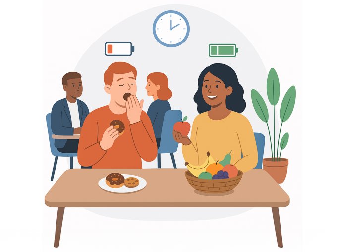 Illustration: Frau mit Obstkorb und Apfel lächelt, während ein müder Kollege Kekse isst – Obst als gesunder Snack für langanhaltende Energie