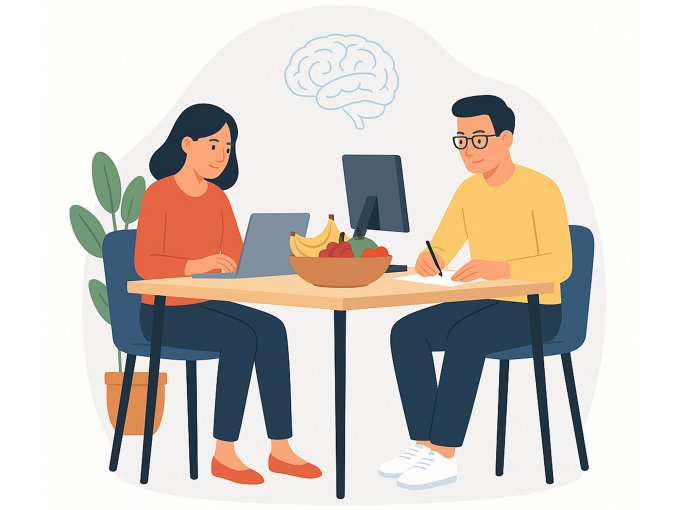 Illustration von zwei Büroangestellten mit Obstkorb auf dem Tisch – frisches Obst unterstützt Konzentration und Leistungsfähigkeit